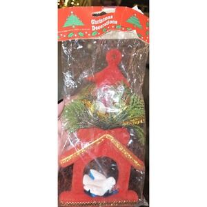 VTG Flocked Felt Red Birdhouse White Dove Christmas Decor NIP Ready To Hang Gold